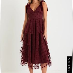 Burgundy Polka Dot Tiered Tie-Strap Midi Dress